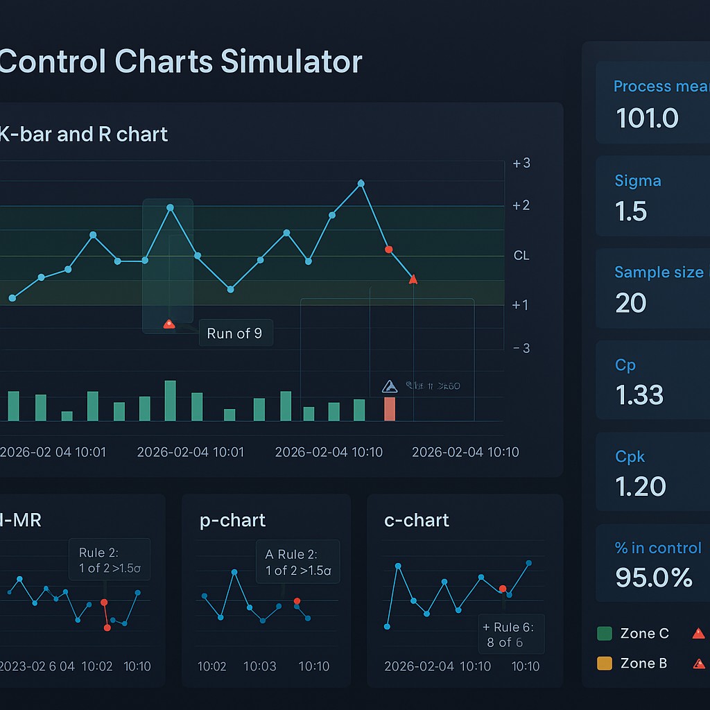 Free Control Charts Simulator (X-bar, R, S, p, np, c, u) | Simulations4All