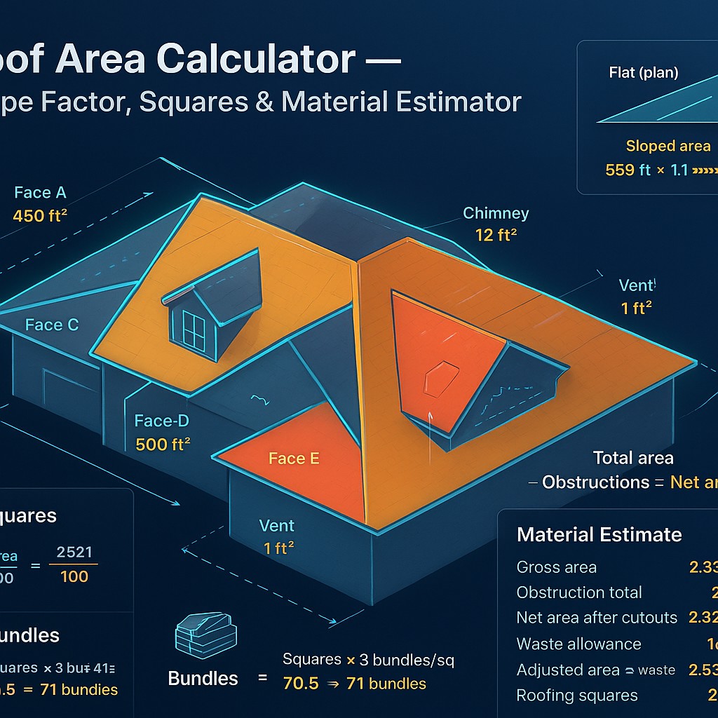 Sloping Construction Free Roof Area Calculator: Slope Factor & Roofing Squares | Simulations4All